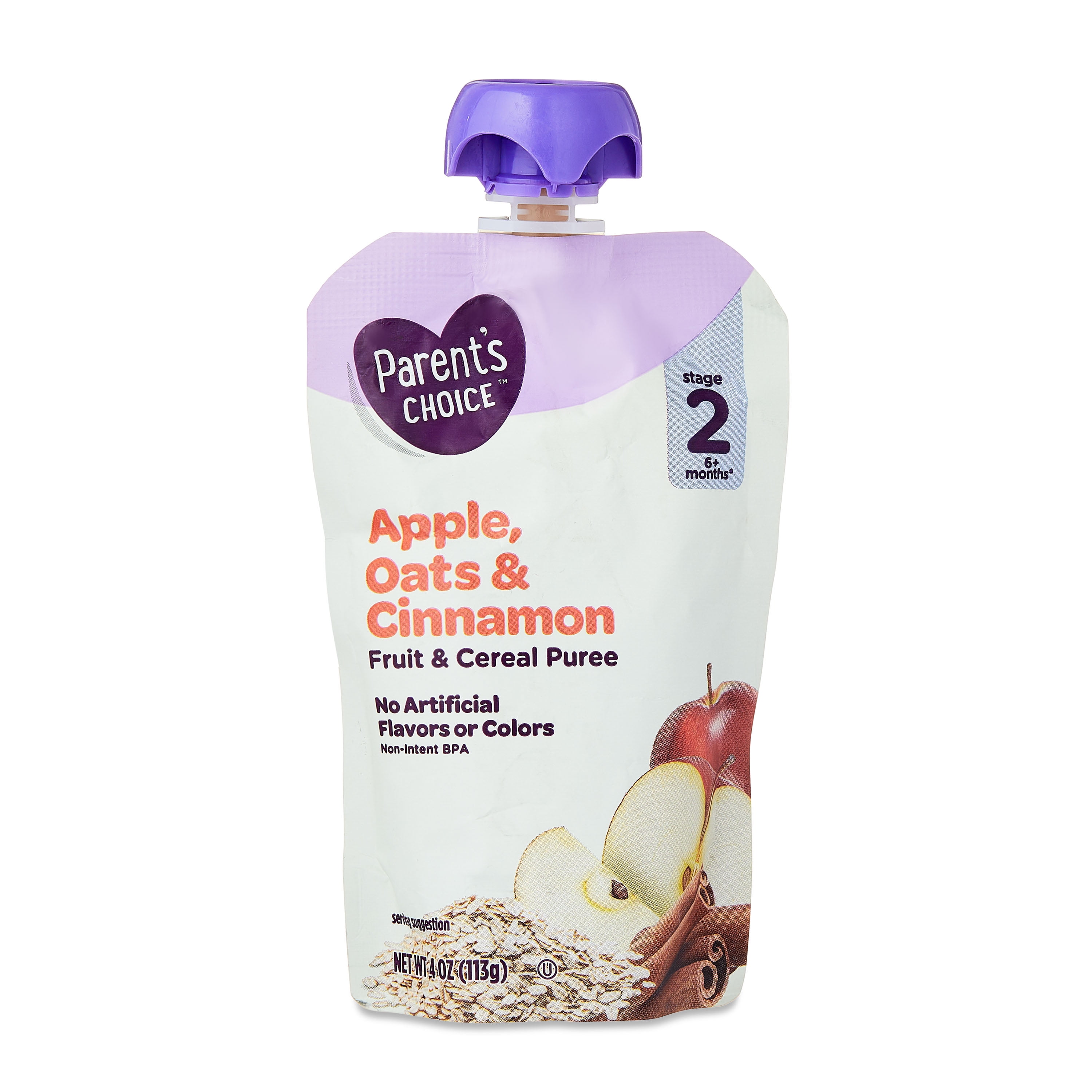 (6 pack) Parent's Choice Stage 2 Baby Food Apple, Cinnamon, and Oats Fruit and Cereal Puree, 4 oz Pouch