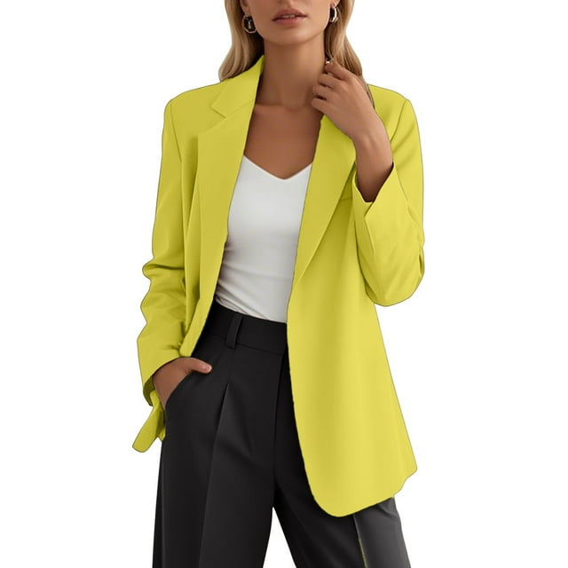 AWZXDE Blazer Décontracté à Manches Longues pour Femmes Sans Boutons Sans Poches Coupe Ajustée Veste de Bureau à la Mode pour Style Quotidien Intelligent Jaune,P