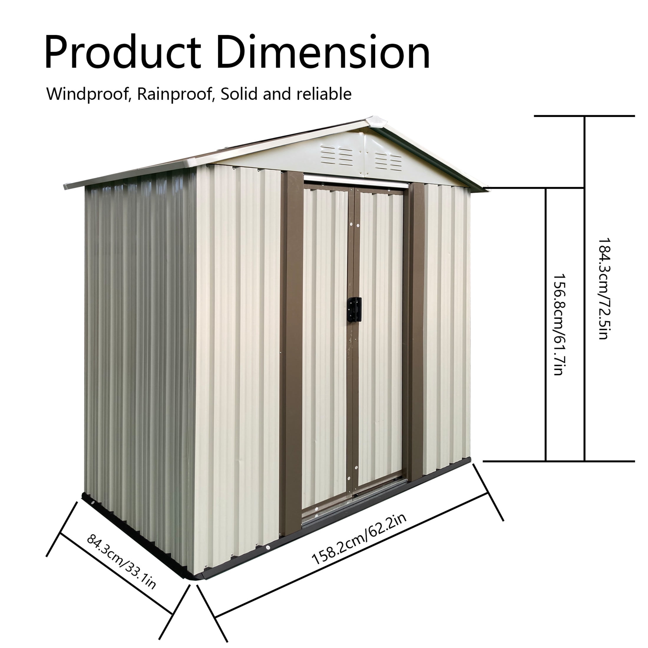 Noble House 5x3 FT Metal Garden Storage Shed, Apex Roof Outdoor Tool & Bike Shelter with Sliding Doors, Cream White
