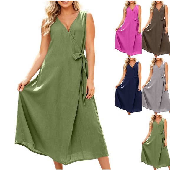 Dvprdro V Neck Sleeveless Wrap Tie Front Cotton Linen Maxi Dress for Women Loose Fit A Line Summer Vacation Casual