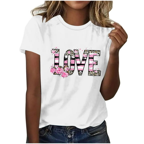 Plus Size Valentines Tshirts for Women Leopard Love Heart Print T Shirts Short Sleeve Crewneck Tops