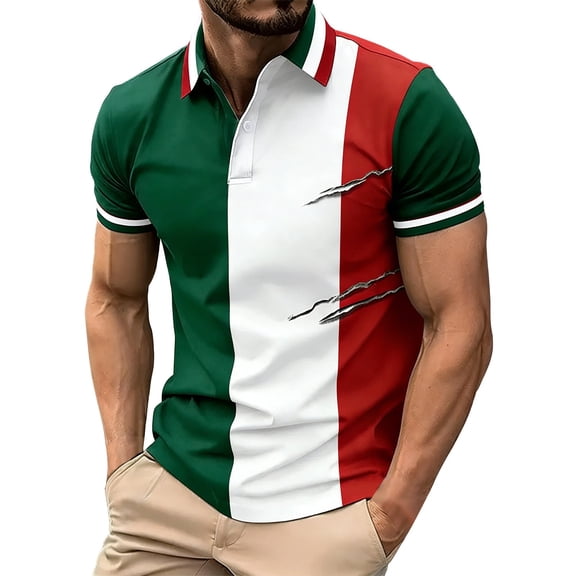 CONROSES Italian Day Mens Short Sleeve Polo Shirts Patchwork Color Collared Polo Shirt for Men Casual Golf Shirts