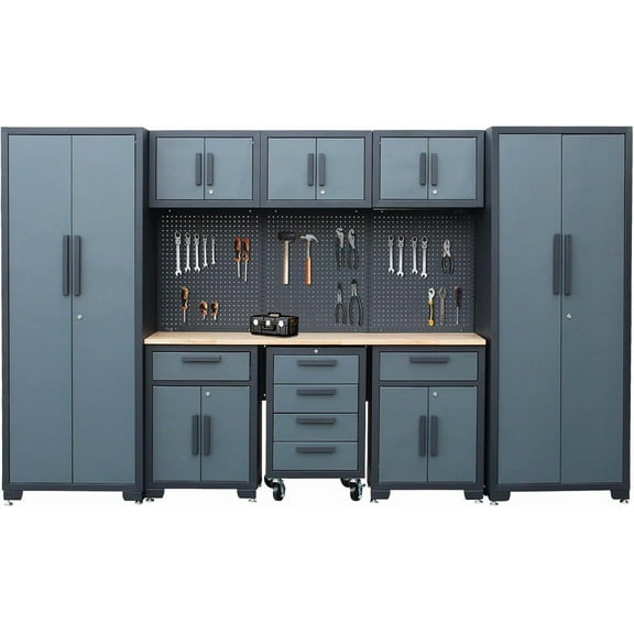 HPDMC Garage Storage Cabinet System - 9PC Black Steel Workshop Set w/ Lockable Cabinets, 2 Lockers, 2 Wall Cabinets, Rolling Chests, Pegboard, 71" Workbench