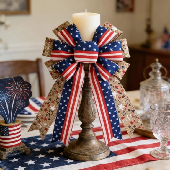 XGFHYJEH 46cm Independece Day Wreath Bows Patriotic Decor Bows for July 4th Wreath America Flag Strip Burlap Bow for Front Door Memorial Day Patriotic Tree Topper Decor Indoor Outdoor Supplies