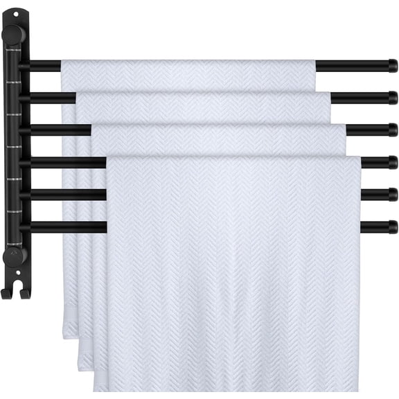 Swivel Towel Rack 16.5 Inches 304 Stainless Steel 6 Arms Bathroom Towel Rack Hanger Space Saving Pool Holder Wall Mounted Swivel Bar with Hook, Matte Black