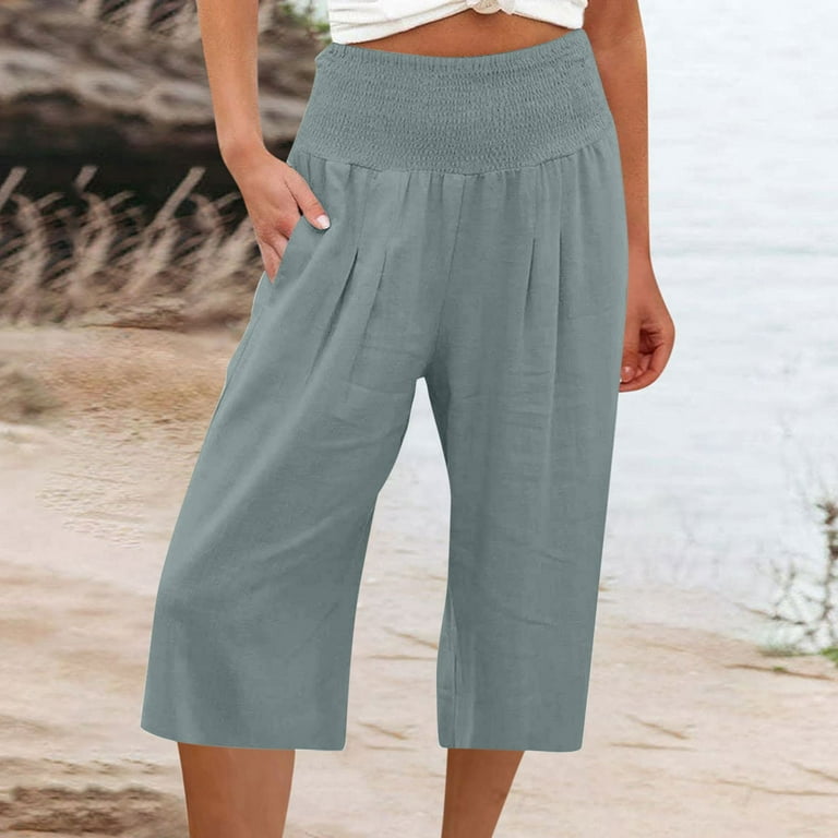 Womens Linen Capri Pants Smocked High Waisted Straight Wide Leg Summer  Casual Loose Cropped Pants with Pockets 