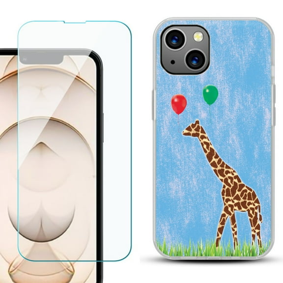 Slim-Fit Flexible TPU Gel Phone Case for iPhone 13, with Tempered Glass Screen Protector, by OneToughShield ® - Giraffe/Balloon