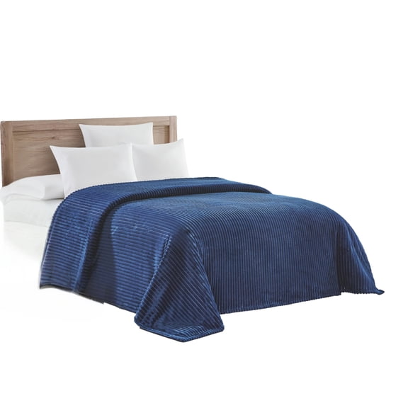 Plazatex Striata Lined Oversized All Season 100% Polyester Blanket Queen 90" x 90" Navy