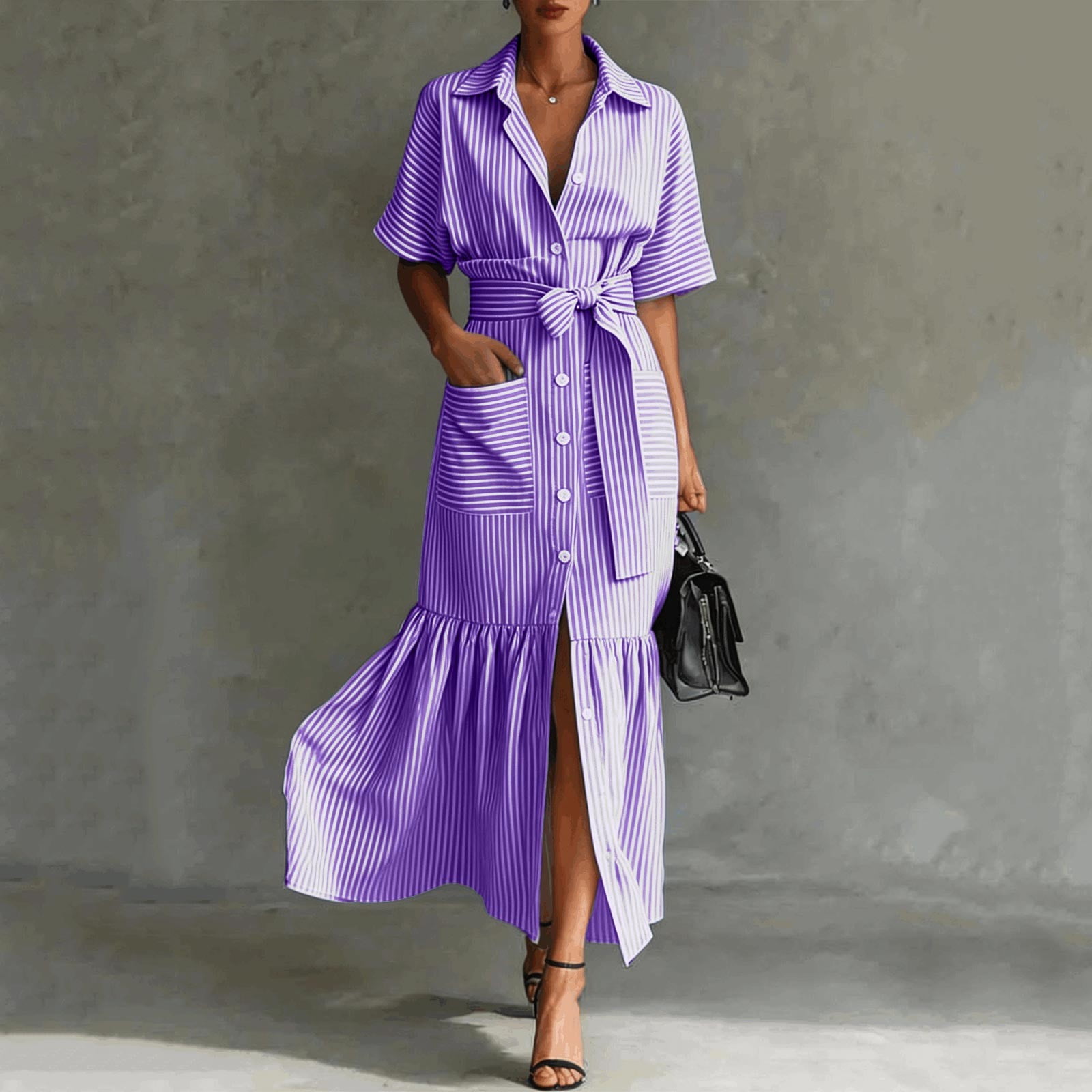 Jane Wardrobe Women's Casual Striped Short Sleeve Shirt Dress Loose Fit Midi Length Ruffled Hem Belted Waist With Pockets For Daily Brunch 1 Pc Sizes S M L XL XXL Pink Purple Blue Black Green Khaki