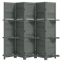 SAZYY 5 Panel 67" Tall Wood Privacy Screen with 3 Shelves, Gray Folding Room Divider, Storage Organizer for Bedroom, Home Office, Living Room