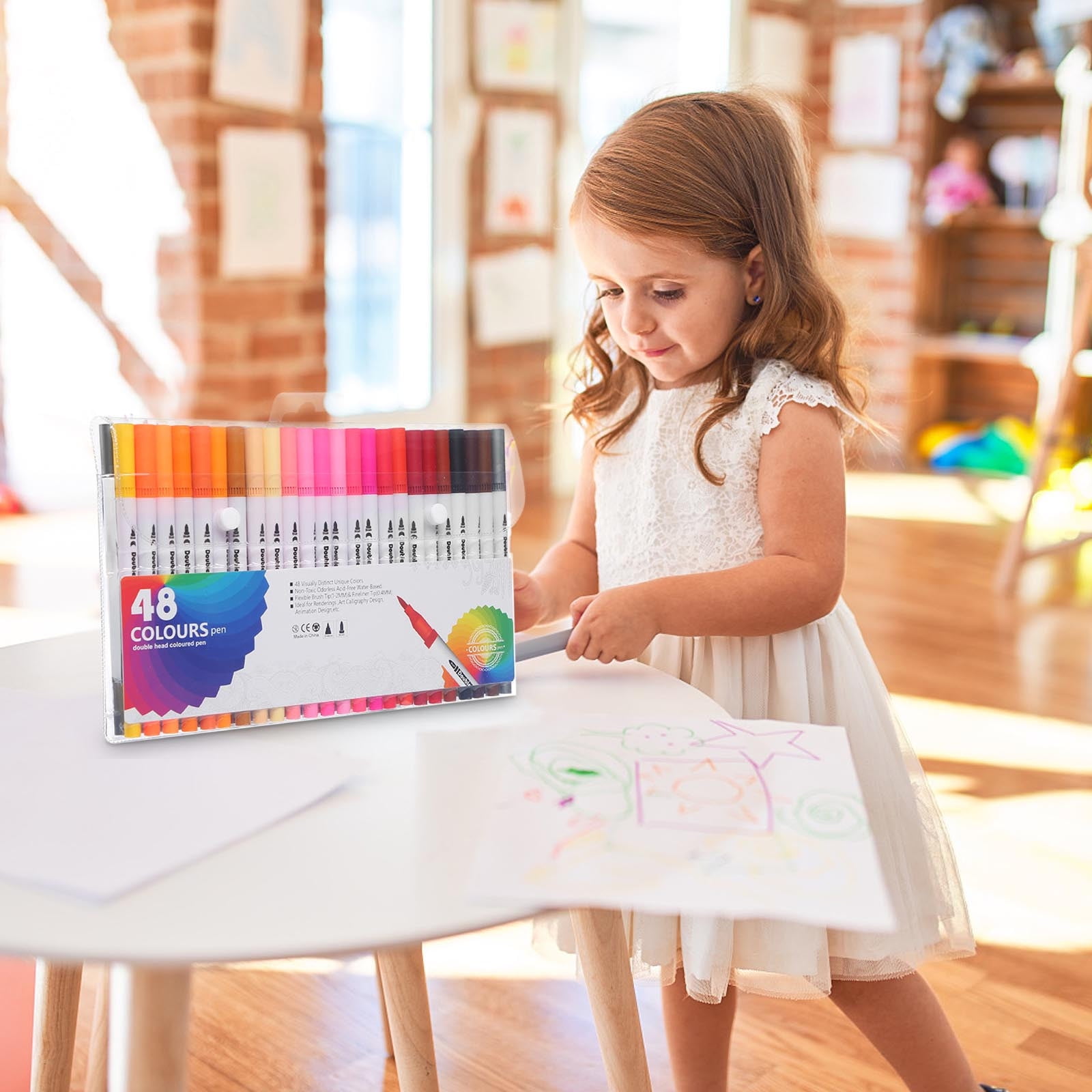 SHENGXINY 48PCS Acrylic Paint Markers Multi Color Dual Outline Marker Pen for Daily Note Decoration Art Creation Soft Metallic Luster Fine Hand Drawn Design Uniform Coloring Performance