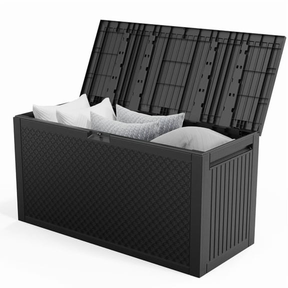 90GAL Outdoor Garden Storage Box with Wheels Weatherproof UV-Resistant Plastic Lockable Seat for Cushions Tools Toys Black