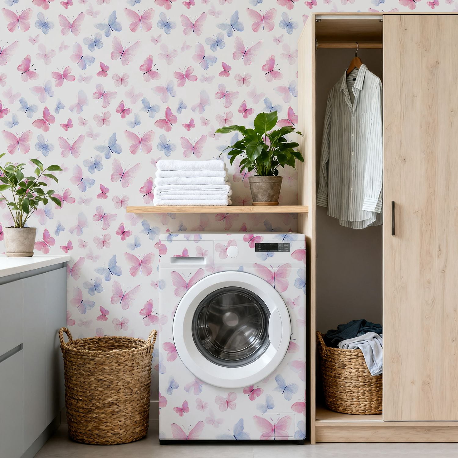 Peel and Stick Wallpaper Watercolor Butterflies Soft Pink Blue Tones White Wall Mural 17.7in x 9.8ft Self Adhesive Removable Wall Paper Renter Friendly Wallpaper for Nursery Bedroom Cabinets