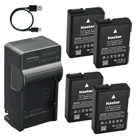 Kastar 4-Pack Battery and AC & USB-C Charger Compatible with Nikon EN-EL14 EN-EL14a EN-EL14b Fit Nikon D3100 D3200 D3300 D3400 D3500 D5100 D5200 D5300 D5500 D5600 Df Coolpix P7000 P7100 P7700 P7800