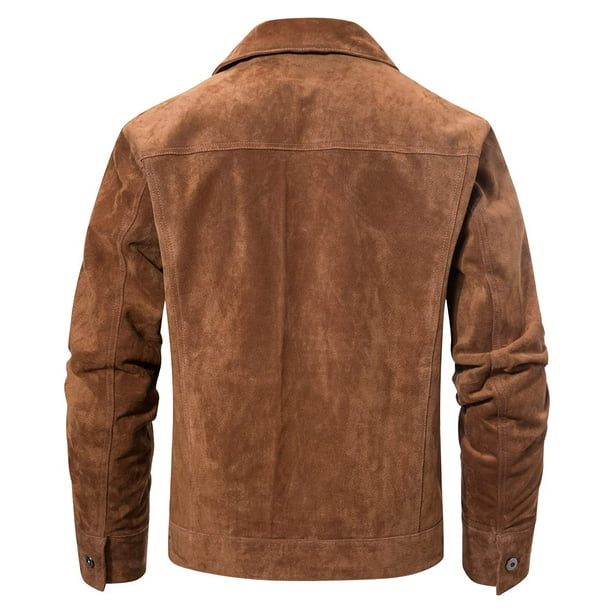 FLAVOR Men's Suede Leather Jacket Trucker Coat (Medium, Brown