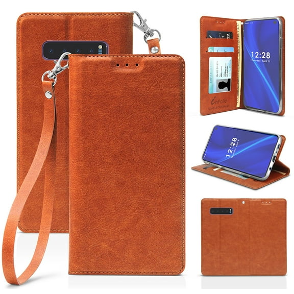 Case for Galaxy S10, New Folio Leather Wallet Credit Card Slot ID Cover, View Stand [with Subtle Magnetic Closure and Wrist Strap Lanyard] for Samsung Galaxy S10 Phone (SM-G973)