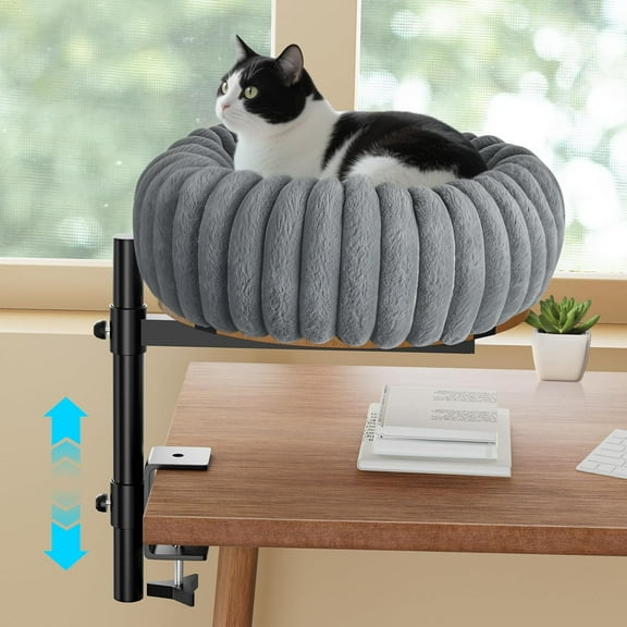 360° Rotating Cat Bed for Desk, 19.68'' Cat Hammock for Table, Up/Down Mount Perch (10'' Height Range) Washable Plush Pad, Sturdy 50lbs Metal Frame, Home Office Mount Cats Nest