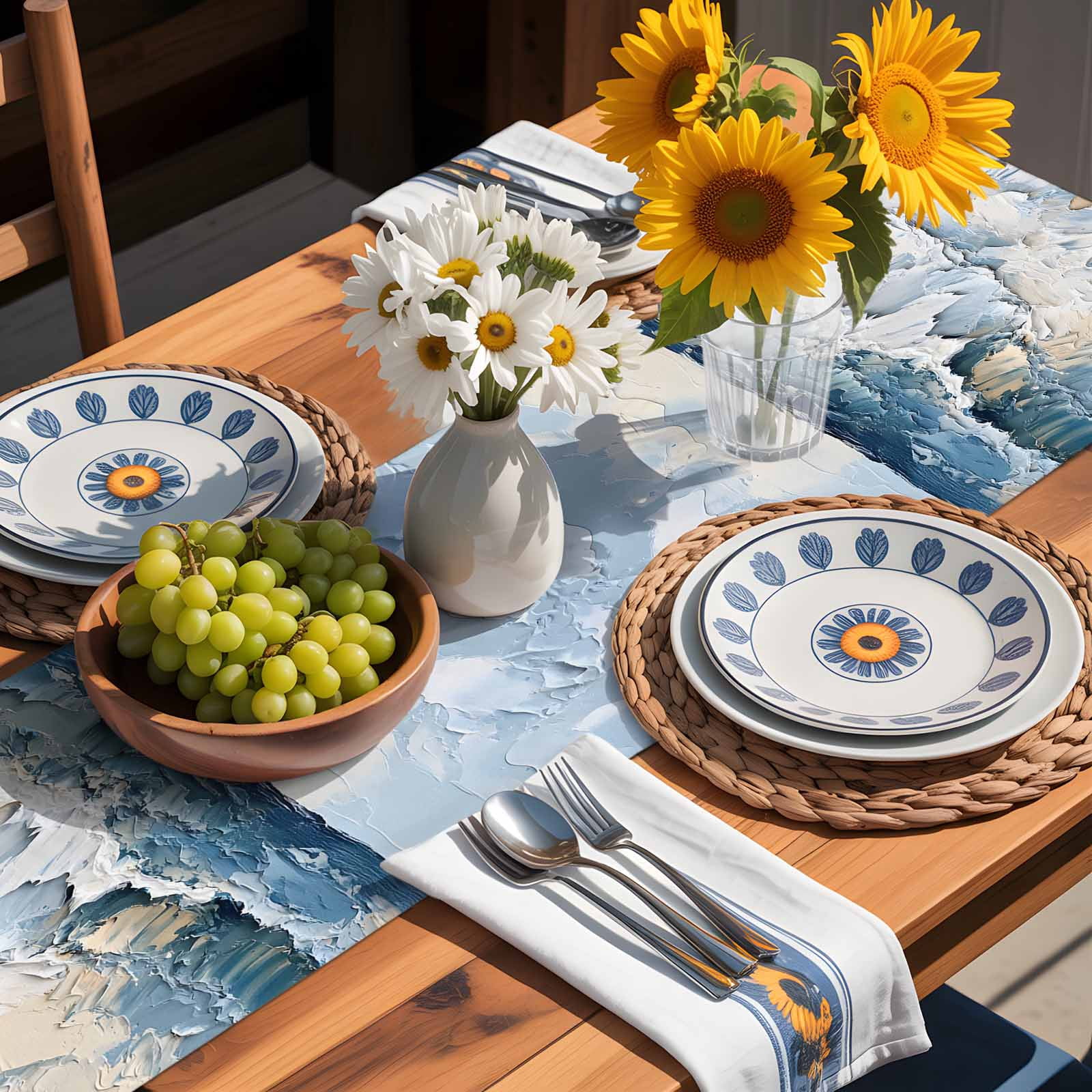 Blue White Coastal Beach Waves Table Runner 90 Inches Long, Abstract Art Table Runners Tabletop Scarf Kitchen Dining Tables Decoration for Home Party Indoor Outdoor