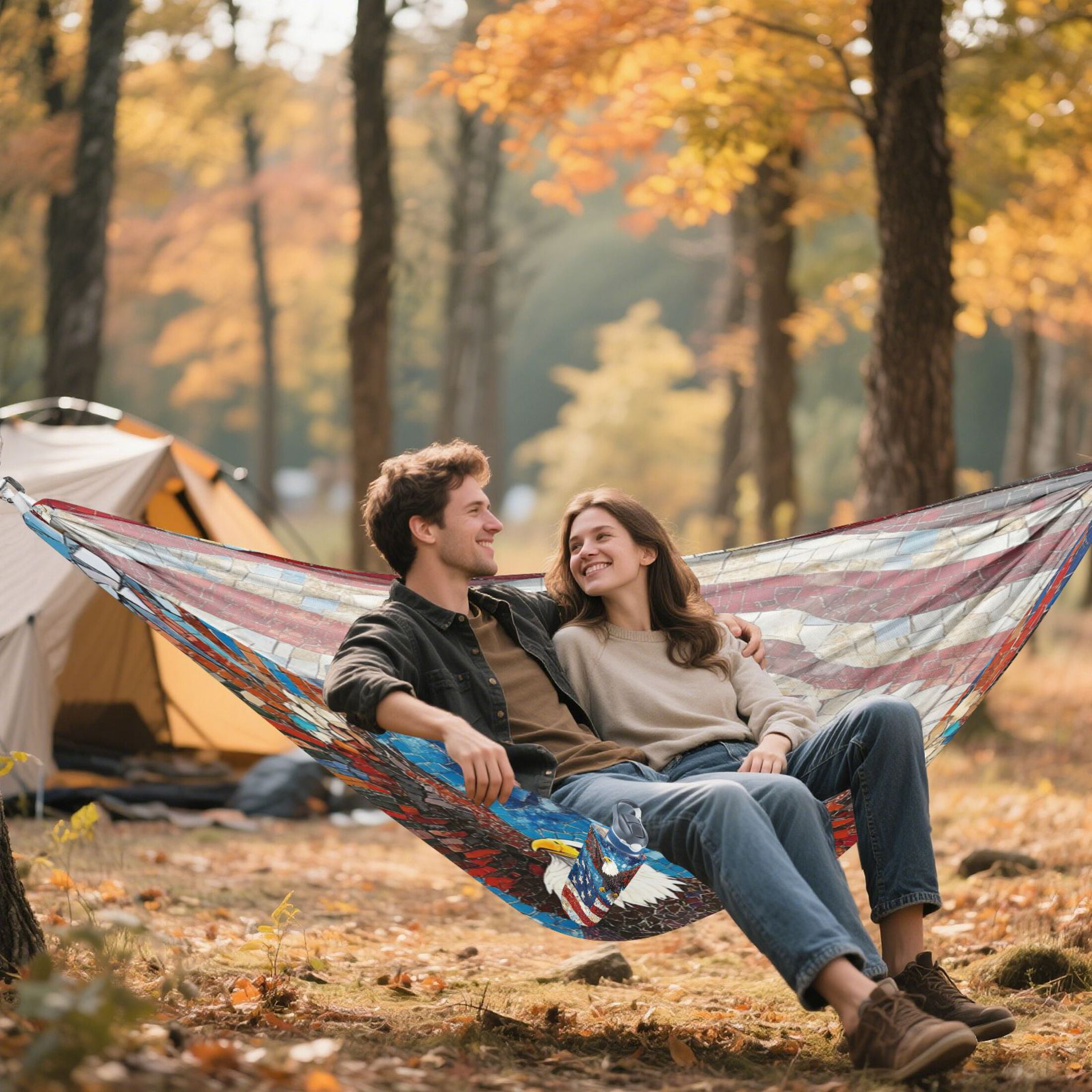 Wobogo American Flag Bald Eagle Camping Hammocks 330 lb Capacity with Tree Straps and Hanging Pockets for Outside Hiking Beach Backpack Travel