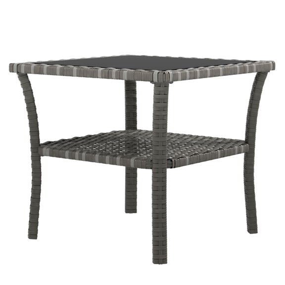 Rattan Outdoor Coffee Table with Storage, Aluminum Frame Side Table with Tempered Glass Top, Square Patio Bistro Table, Gray