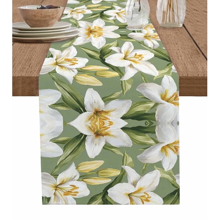 Boanket Verdant Flower Patterns Table Runner - 60 Inch Long Kitchen Dining Table Runner Dresser Scarves Green White Spring Floral Farmhouse Decor for Coffee Tables Wedding Party Banquet