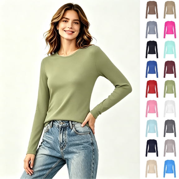 Women's Crew Neck Solid Long Sleeve T Shirt, Slim Fit Basic Casual Layering Top,L