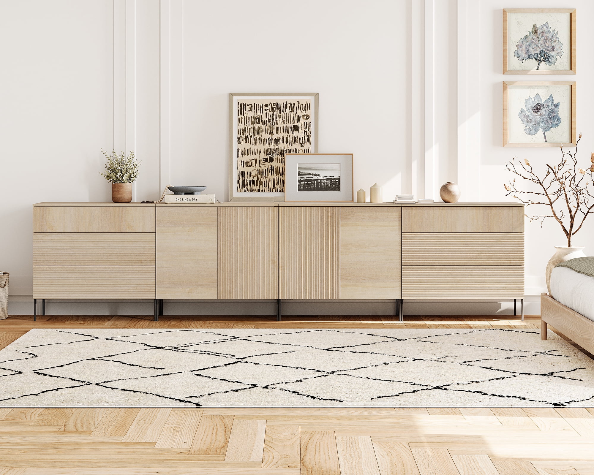 126" Modern Reeded 6-Drawer Dresser Set for Bedroom, Minimalist Chest of Drawers with Storage, Wooden Dresser for Living Room, Bedroom, Entryway