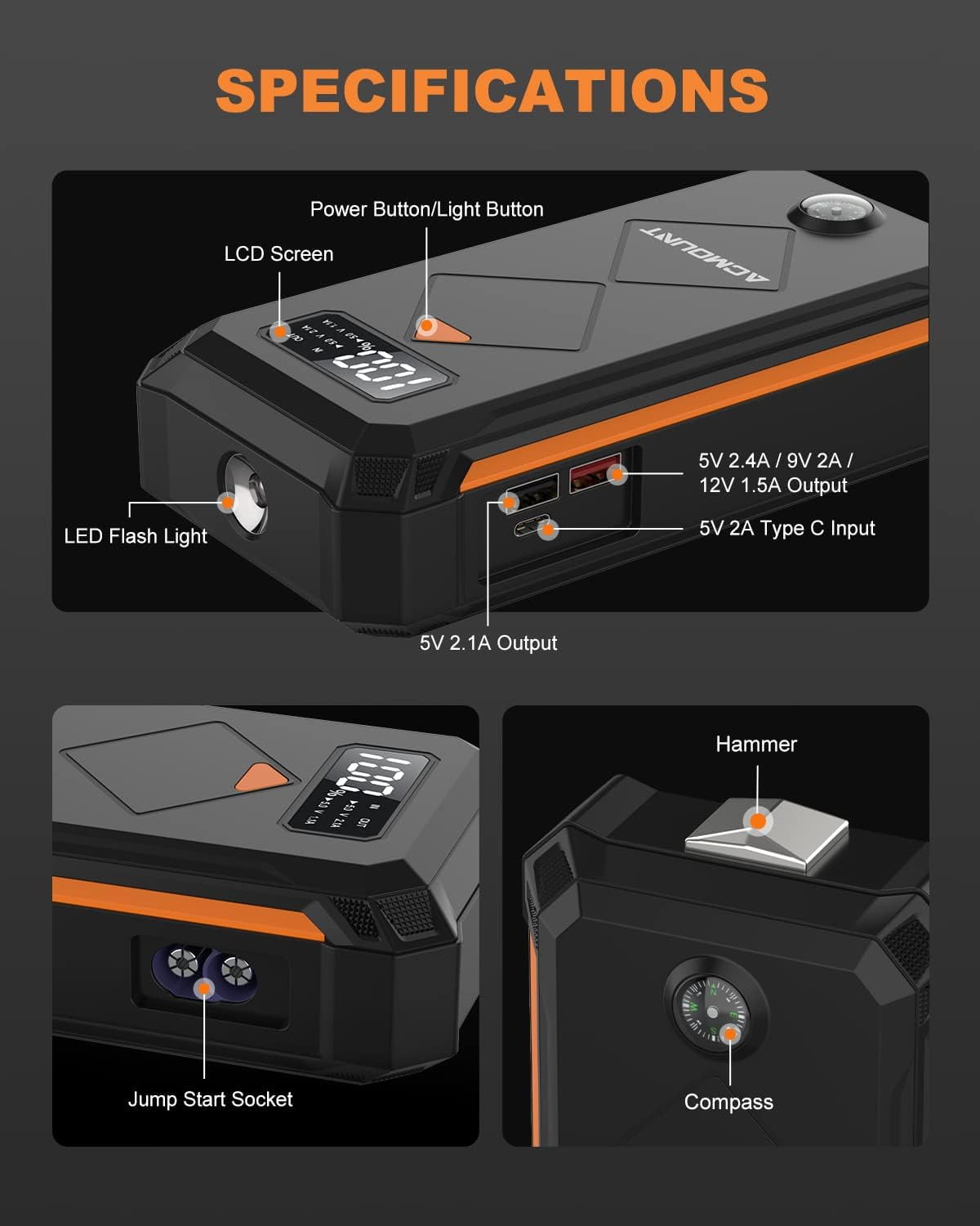 Acmount 3000A Portable 12V Car Battery Booster Jump Starter with Jump Leads, LED Flashlight, USB C for 10L Gas and 8L Diesel Engines