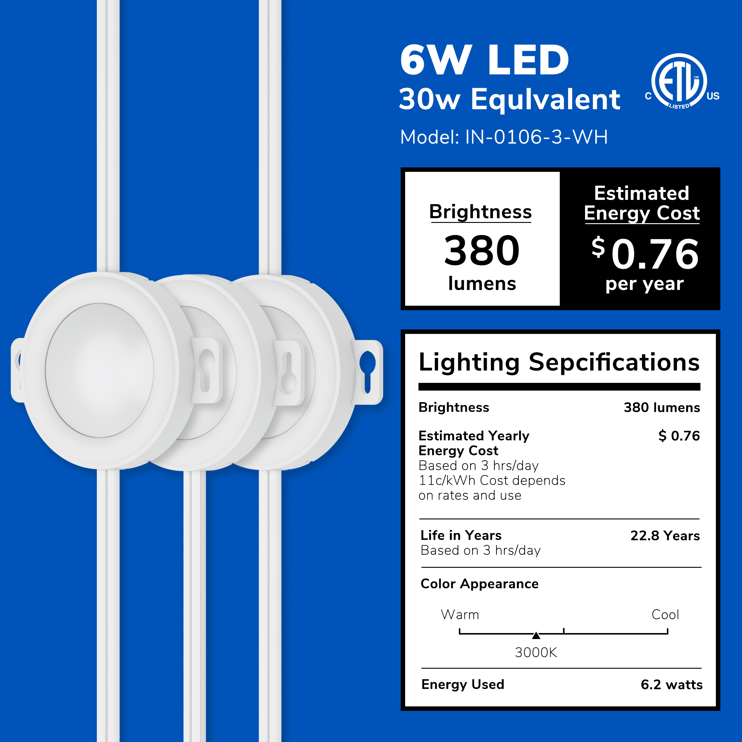Inlight Plug-in LED Puck Lights, Surface Mount Only, Pre-Wired, 3000 K, Pack of 3, IN-0106-3-WH
