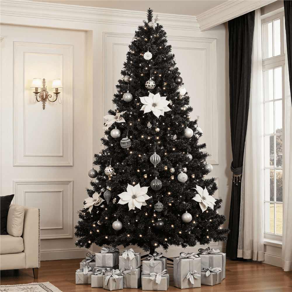 Alden Design Clear Prelit Incandescent Black Hinged Spruce Artificial Christmas Tree, 7.5'