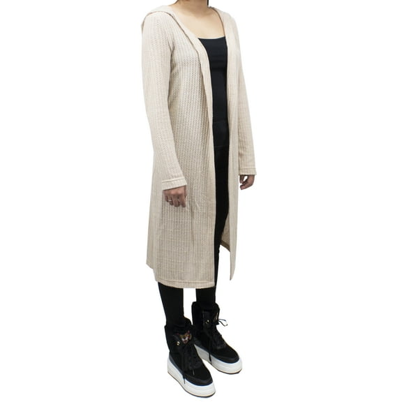 SAY Styles All Your Women Heather Knitted Soft Open Front Long Hooded Cardigan Sweater 2 Colors (Small, Heather Ecru)
