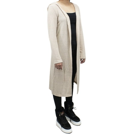 SAY Styles All Your Women Heather Knitted Soft Open Front Long Hooded Cardigan Sweater 2 Colors (Small, Heather Ecru)
