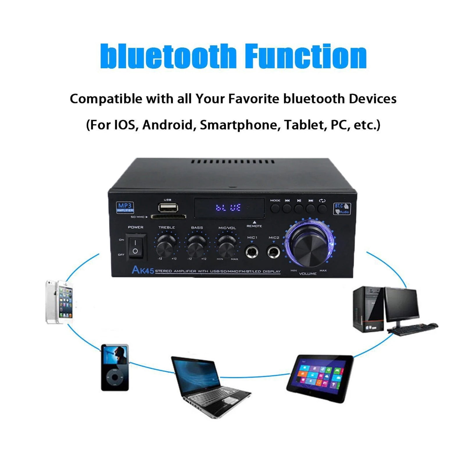 AK45/AK35 800W Home Power Amplifier 2 Channel Bluetooth 5.0 Mini Hifi Digital Stereo Sound Amplifier Support FM USB SD Mic Input