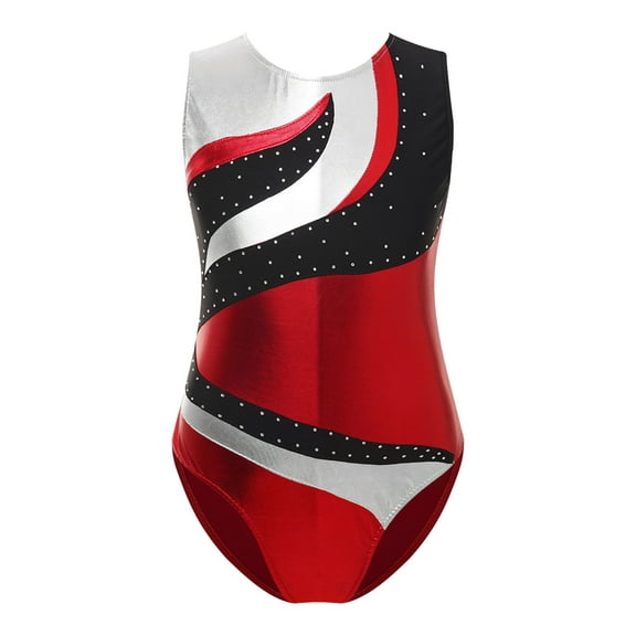 YIZYIF Kids Girls Metallic Ballet Dance Leotard Sparkle Rhinestones Sleeveless One Piece Gymnastics Unitard Red 12