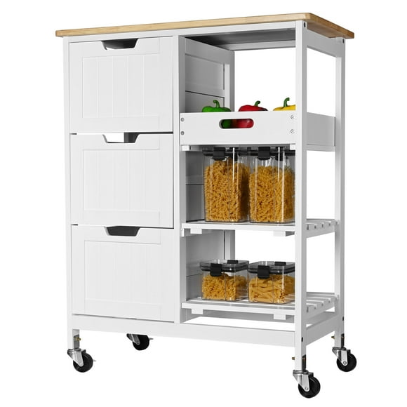 Kitchen Island Cart on Wheels, Mobile Storage Trolley Serving Cart with Wood Countertop, 3 Storage Drawers and Removable Tray