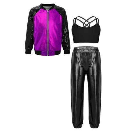 Doomiva Kids Girls Long Sleeve Bomber Jacket Dance Crop Top Sports Bra Vest with Pants Set Jazz Street Dancewear Black&Purple 12