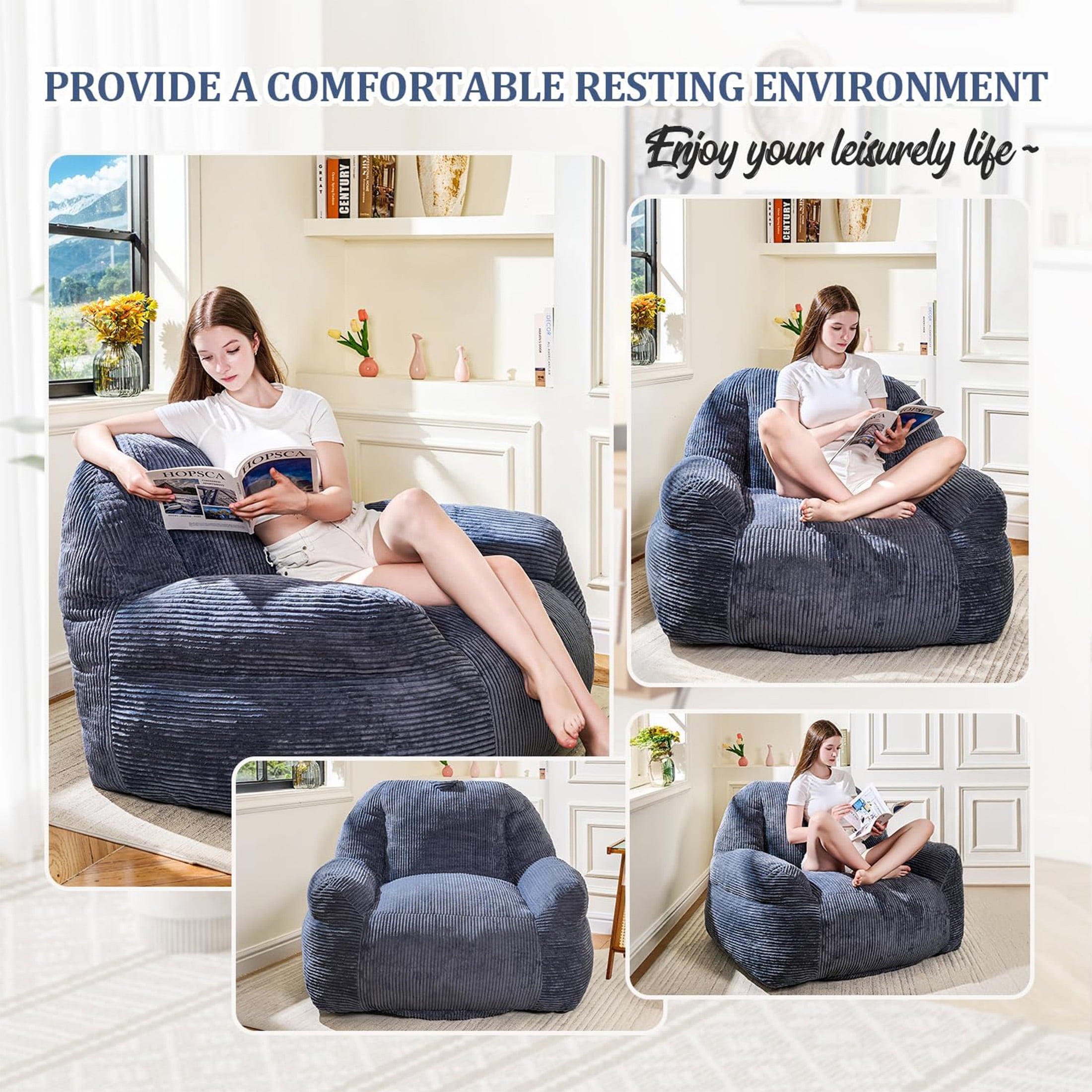 LinkRomat 46" Giant Bean Bag Chair Sofa for Adults, Faux Fur Fluffy Sofa with High-Density Memory Foam, Grey Comfy Bean Bag Couch for Lounging, Reading