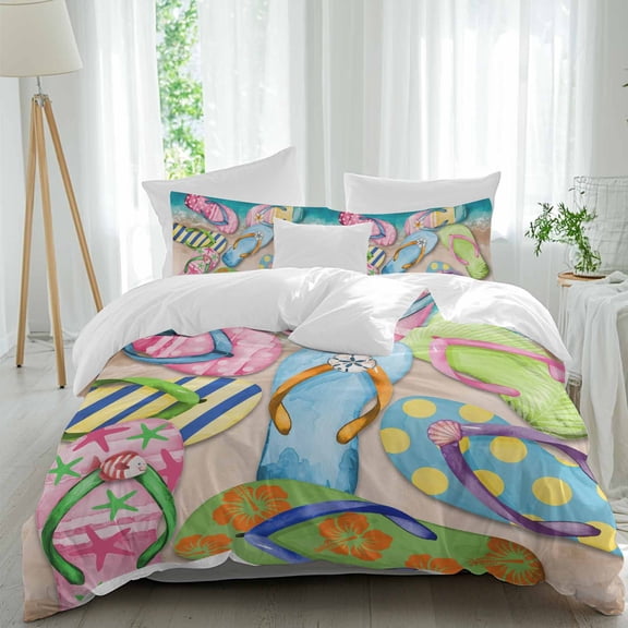 3 Piece Colorful Flip Flops Duvet Cover Set Full Size, Microfiber Comforter/Quilt Cover with Corner Ties and 2 Pillowcases, Summer Blue Beach Ocean All Season Soft Bedding with Zipper Closure