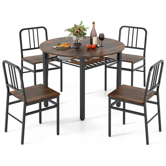Patiojoy 5 Piece Dining Table Set Round Kitchen Table & 4 Chairs Industrial Space-saving Dinette Furniture Brown