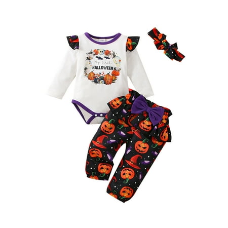 

Suanret Newborn Baby Girls Halloween Romper + Pants + Hairband Bow Pumpkin Skull Letter Print Holiday Clothes Sets Black 3-6 Months