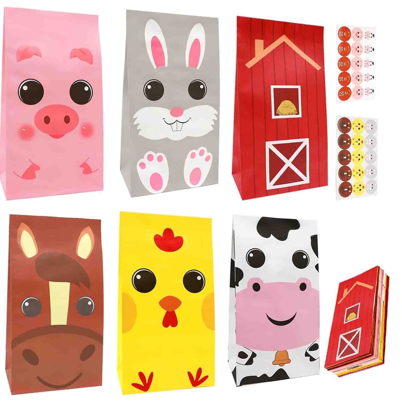 Farm Animal Party Favor Bags 30 Pack,Sturdy 300g Farm Themed Birthday Party Supplies,Farm Birthday Party Supplies Goody Bags,6 Designs,30 Bags,30 Matched Stickers,Farm Party Decorations