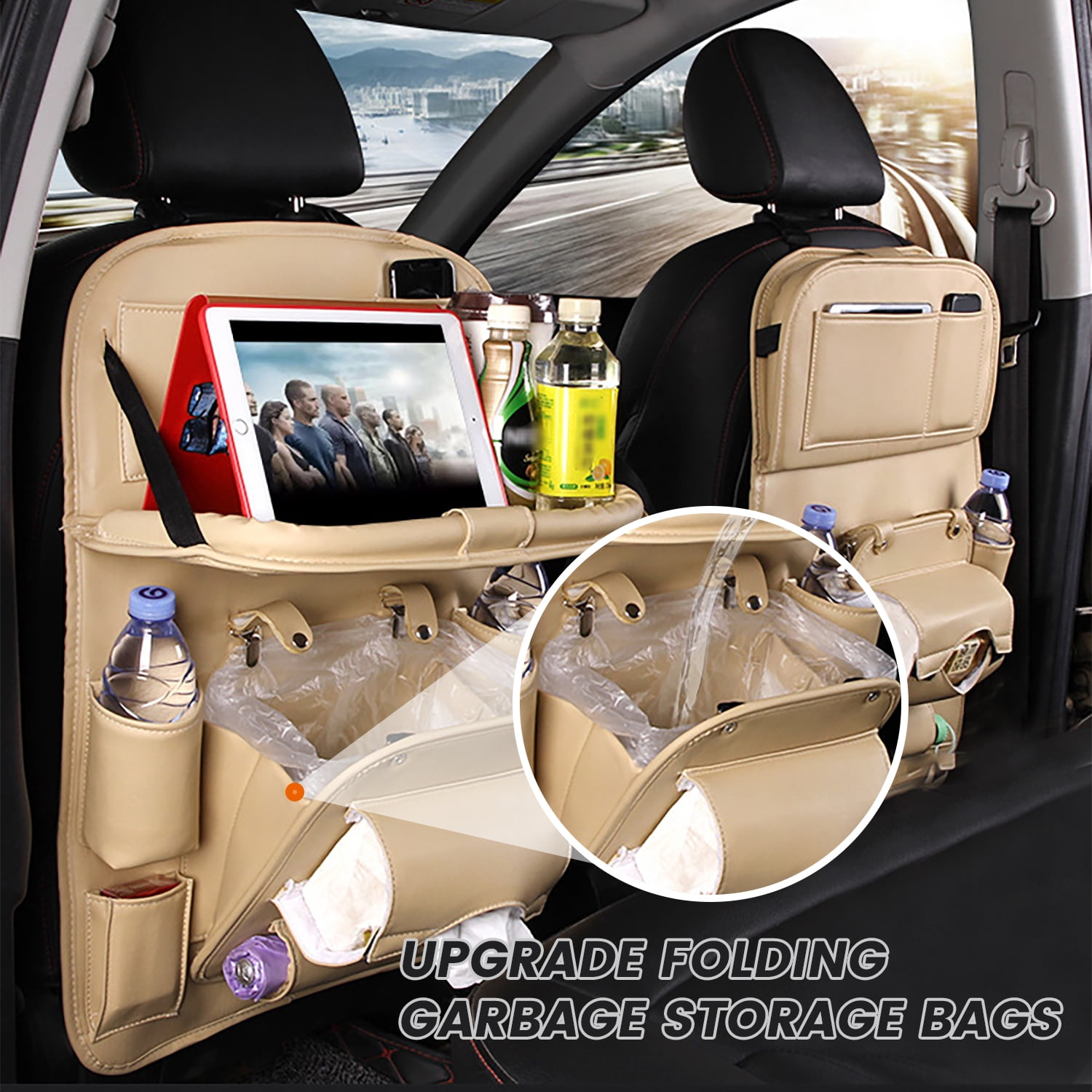 Car Backseat Organiser, 9 Storage Pockets PU Leather Car Storage Organizer with Foldable Table Tray, Car Seat Accessory Storage Pockets Kick Mat for Car (Beige)