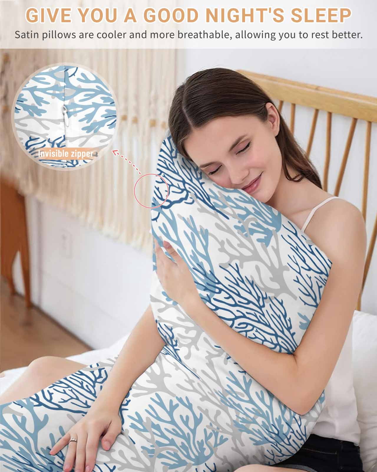 Navy Blue Coral Coastal Pillow Cases Body Size, Smooth Satin Pillowcase for Hair and Skin, Summer Beach Seaside Nautical Decorative Cooling Bed Pillow Covers with Zipper, 20x54 Inches