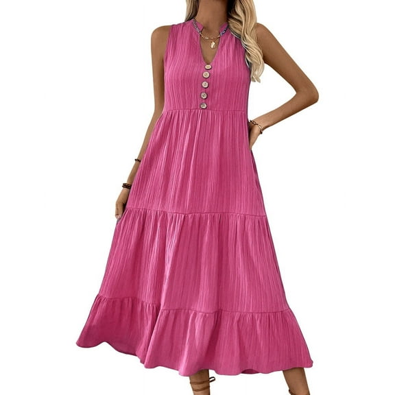 Womens 2025 Summer Sleeveless Shirt Dress Collar V Neck Casual Midi Dresses Rose Red M