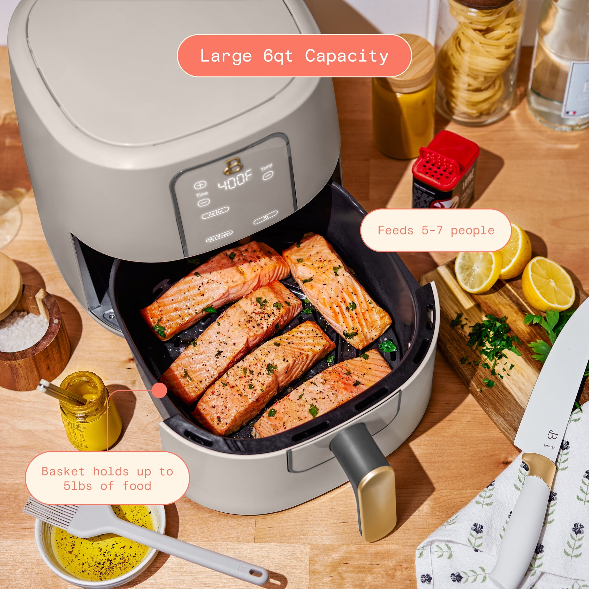Beautiful 6 Qt Air Fryer with TurboCrisp Technology, EverGood Ceramic Nonstick Coating, Porcini Taupe by Drew Barrymore