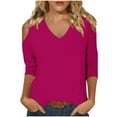 thumbnail image 2 of GaThRRgYP Going Out Tops for Women,Womens Plus Size $5,Women's Fashionable Solid Color T-shirt 3/4 Sleeve Shirt V-neck Casual Top Hot Pink M, 2 of 6
