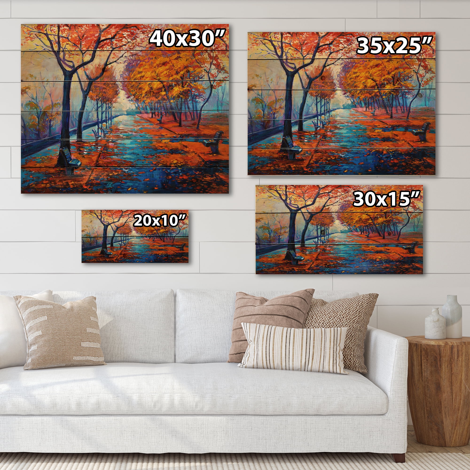 Designart 'Orange Autumn Landscape With Little Road III' Traditional Print on Natural Pine Wood
