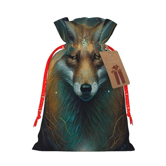 Fuzoiu Vintage Pattern Fox Print Christmas Gift Bag,Burlap Gift Bag with Drawstring Closure & Hang Tag,Perfect for Holidays, Birthdays, and Special Occasions-Small