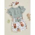 thumbnail image 5 of BemeyourBBs Newborn Baby Girl Summer Outfits Cute Infant Baby Girl Clothes Solid Color Ribbed Knit Short Sleeve Romper Front Bow Floral Cow Print Shorts Set Headband 3Pcs, 5 of 9