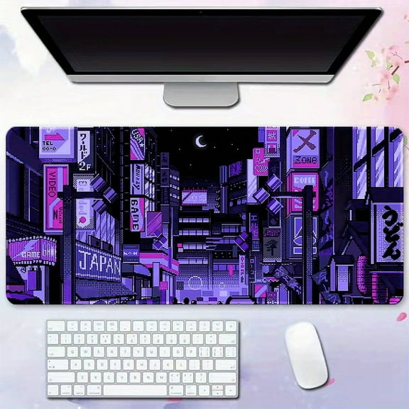 1pc Cyberpunk Style Gaming Mouse Pad, Japanese Building Extended Large Mouse Mat Big Mousepad, Keyboard Stitched Edges Big Mousepad For Computer Pc Laptop, 31.5×11.8inch